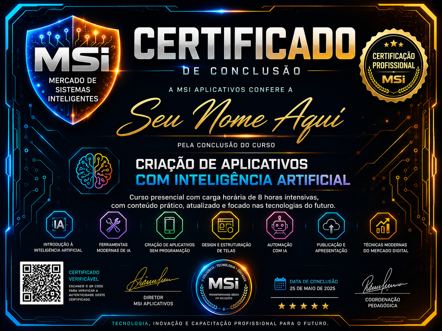 Frente do certificado oficial MSI Aplicativos do curso de Criação de Aplicativos com Inteligência Artificial