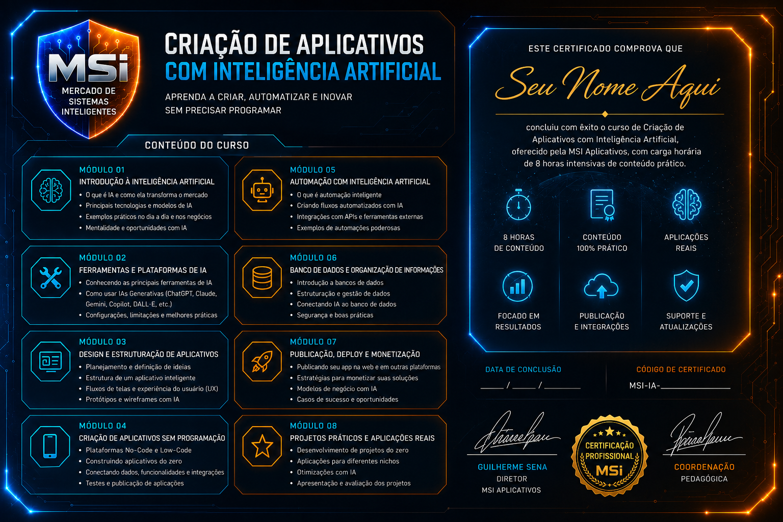 Verso do certificado MSI Aplicativos com o conteúdo programático completo do curso