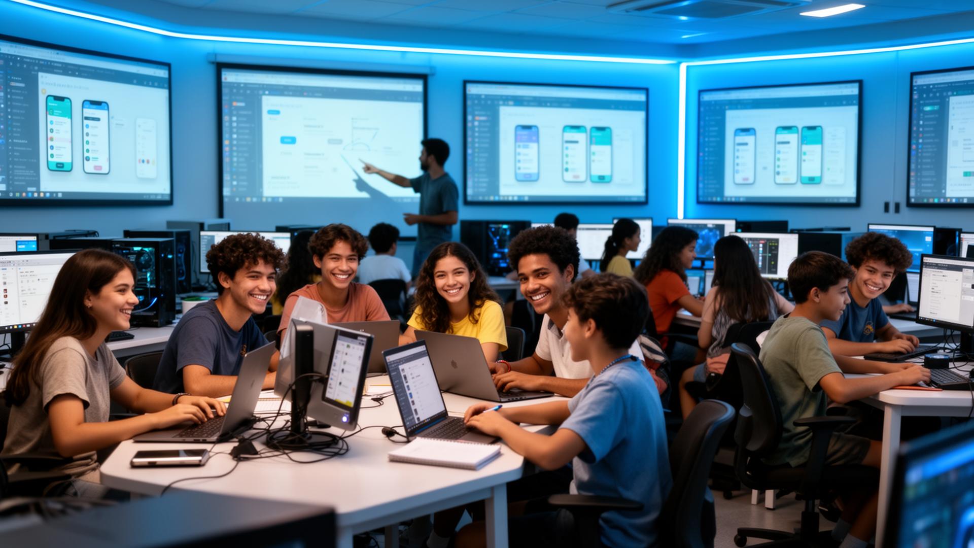 Sala de aula com alunos aprendendo a criar apps com IA