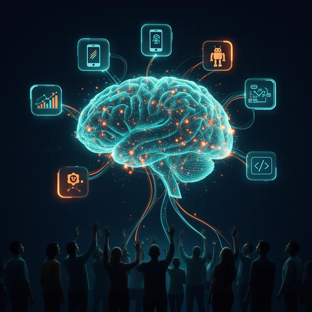 IA para todos — ilustração de inteligência artificial conectada a aplicativos