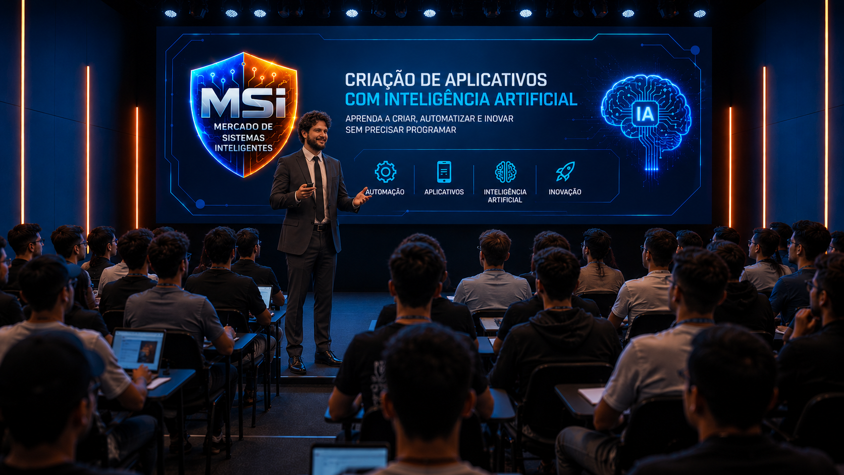 Instrutor ministrando aula sobre Inteligência Artificial