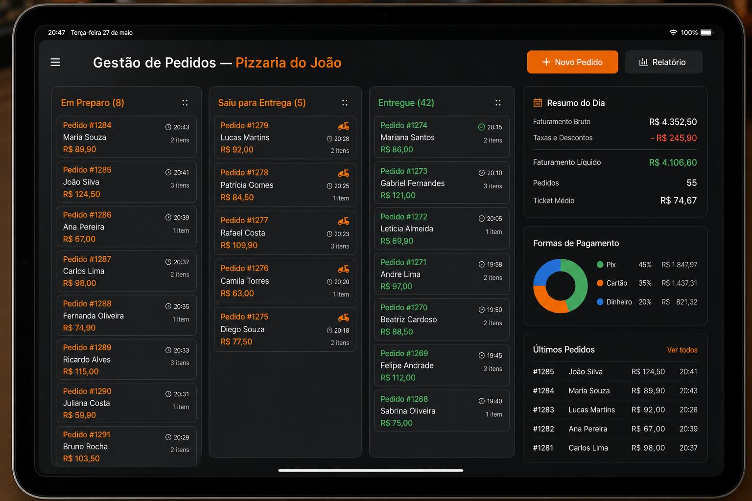 Sistema de gestão de pedidos em tablet, em português