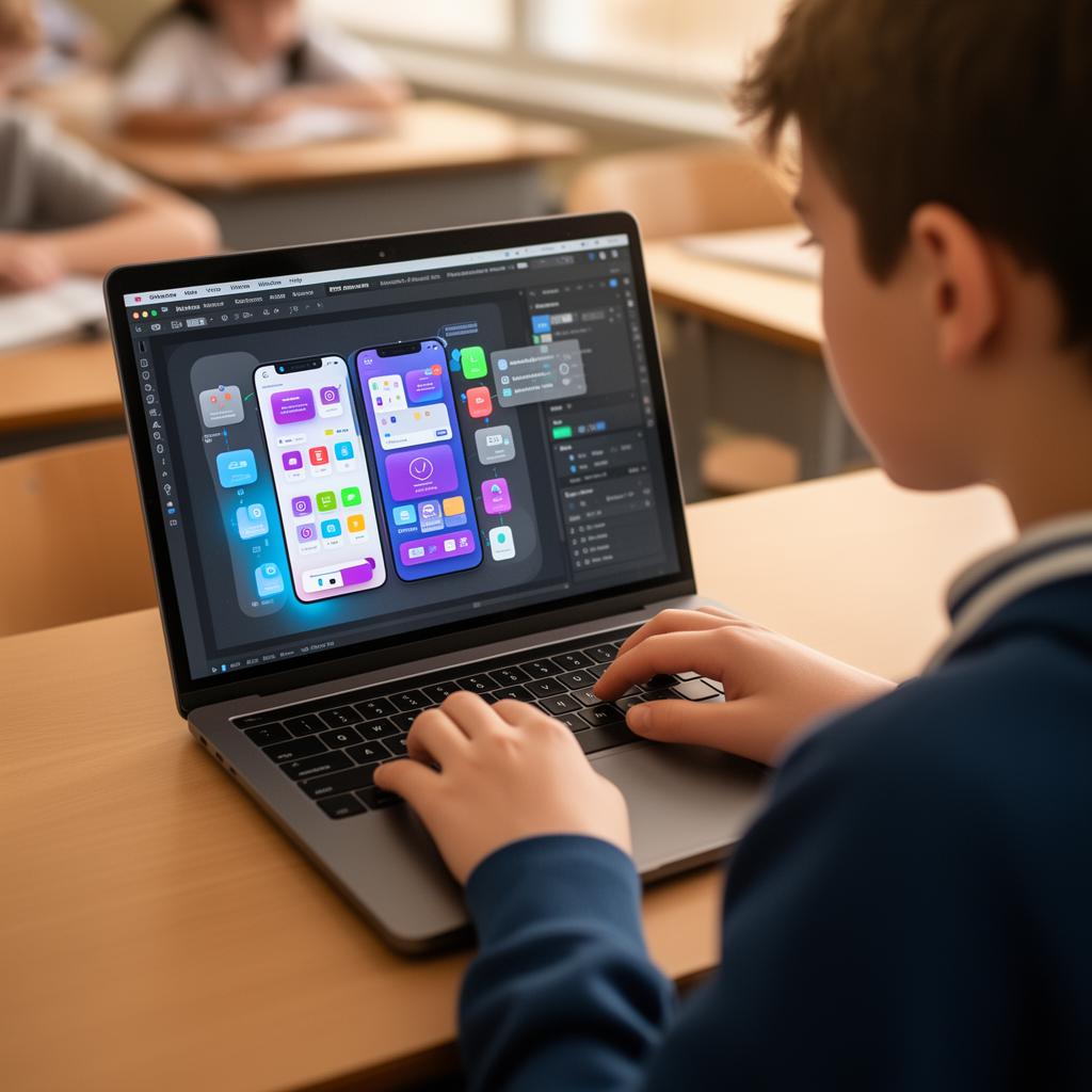 Aluno construindo app no laptop